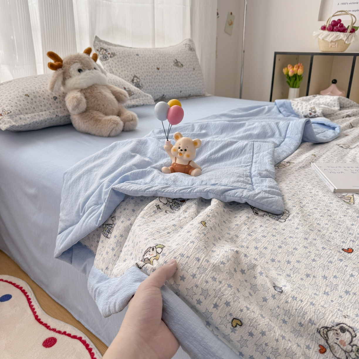 91家纺网 家纺一手货源 找家纺 默忆 2026新款A泡芙双层纱大豆夏被夏凉被空调被夏被四件套 泡芙-happy狗