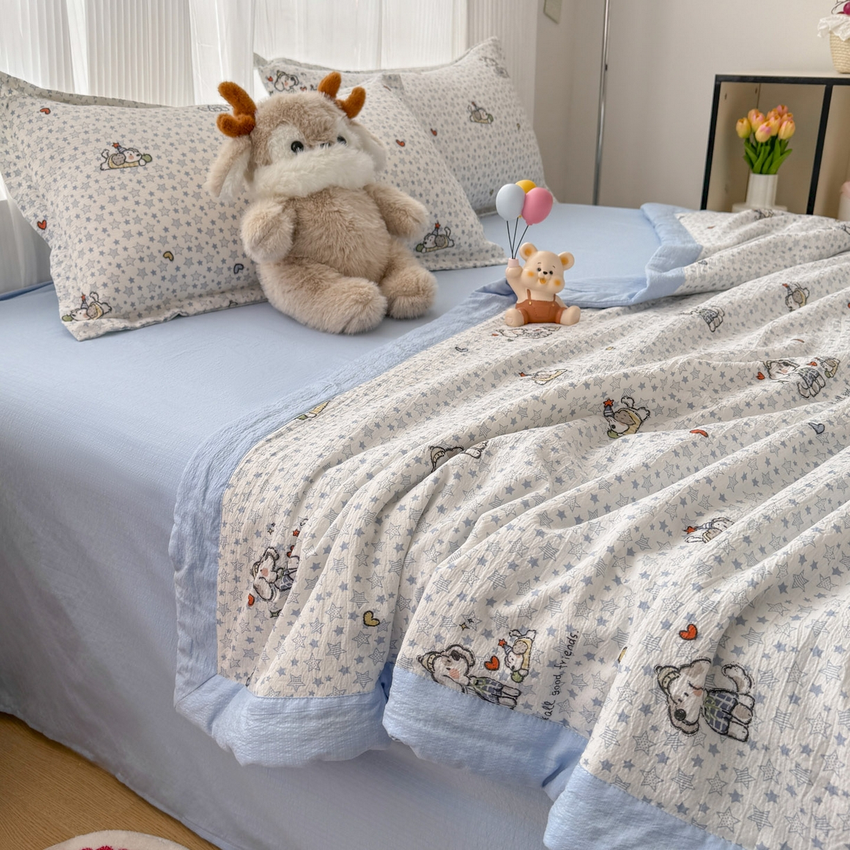 91家纺网 家纺一手货源 找家纺 默忆 2026新款A泡芙双层纱大豆夏被夏凉被空调被夏被四件套 泡芙-happy狗