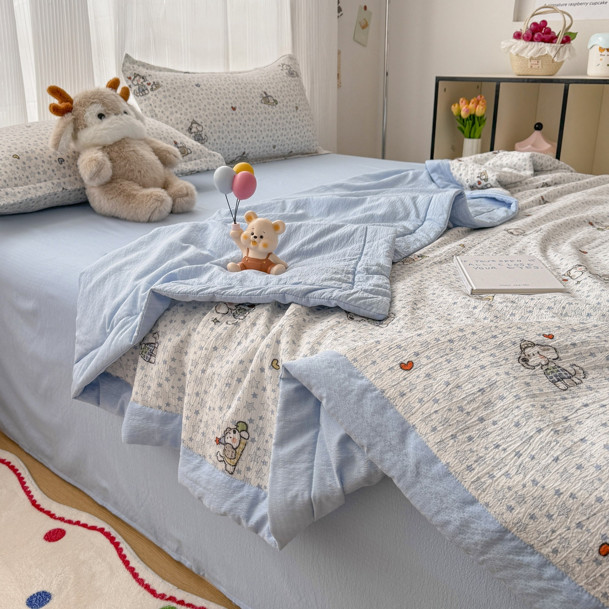 91家纺网 家纺一手货源 找家纺 默忆 2026新款A泡芙双层纱大豆夏被夏凉被空调被夏被四件套 泡芙-happy狗