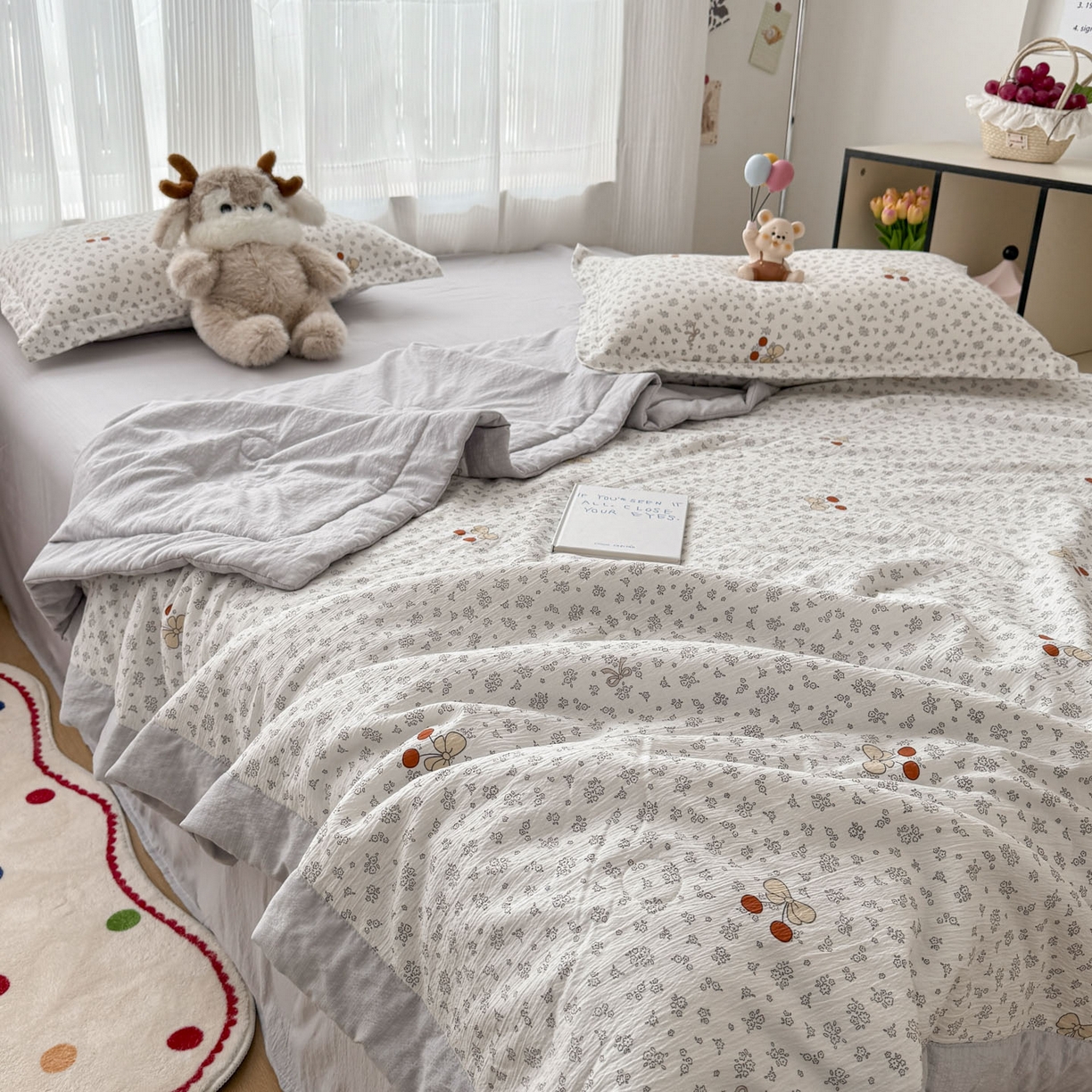 91家纺网 家纺一手货源 找家纺 默忆 2026新款A泡芙双层纱大豆夏被夏凉被空调被夏被四件套 泡芙-红樱桃