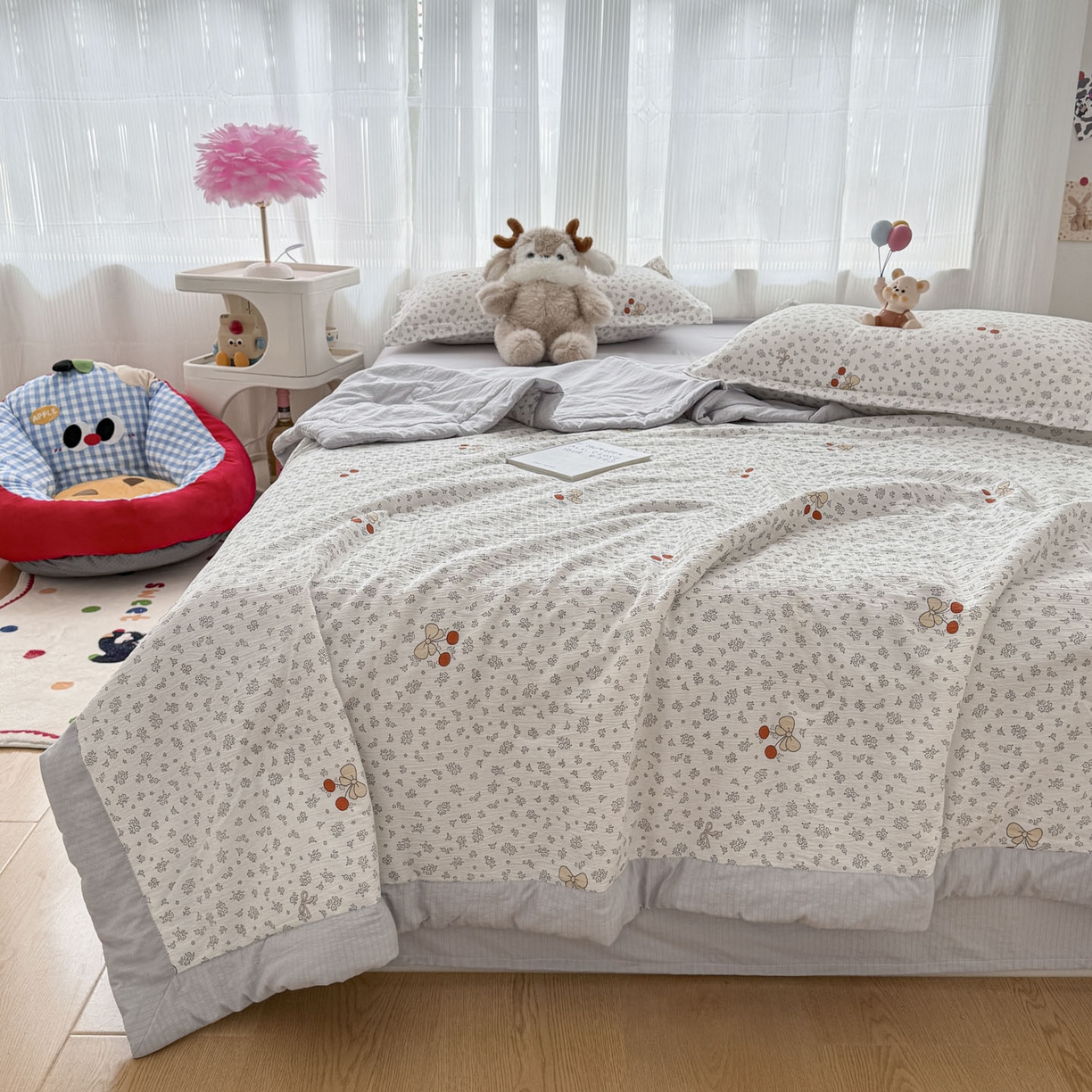 91家纺网 家纺一手货源 找家纺 默忆 2026新款A泡芙双层纱大豆夏被夏凉被空调被夏被四件套 泡芙-红樱桃