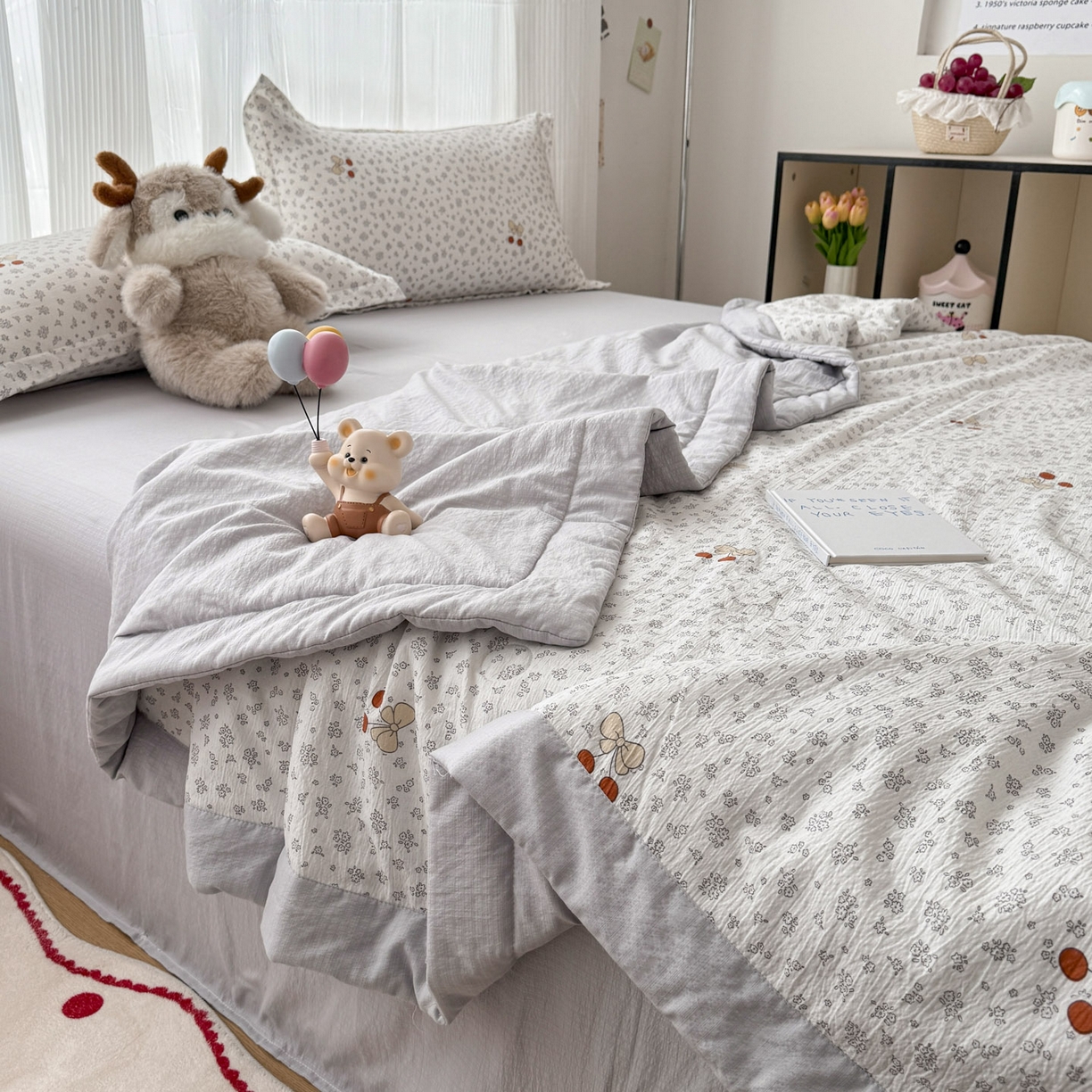 91家纺网 家纺一手货源 找家纺 默忆 2026新款A泡芙双层纱大豆夏被夏凉被空调被夏被四件套 泡芙-红樱桃