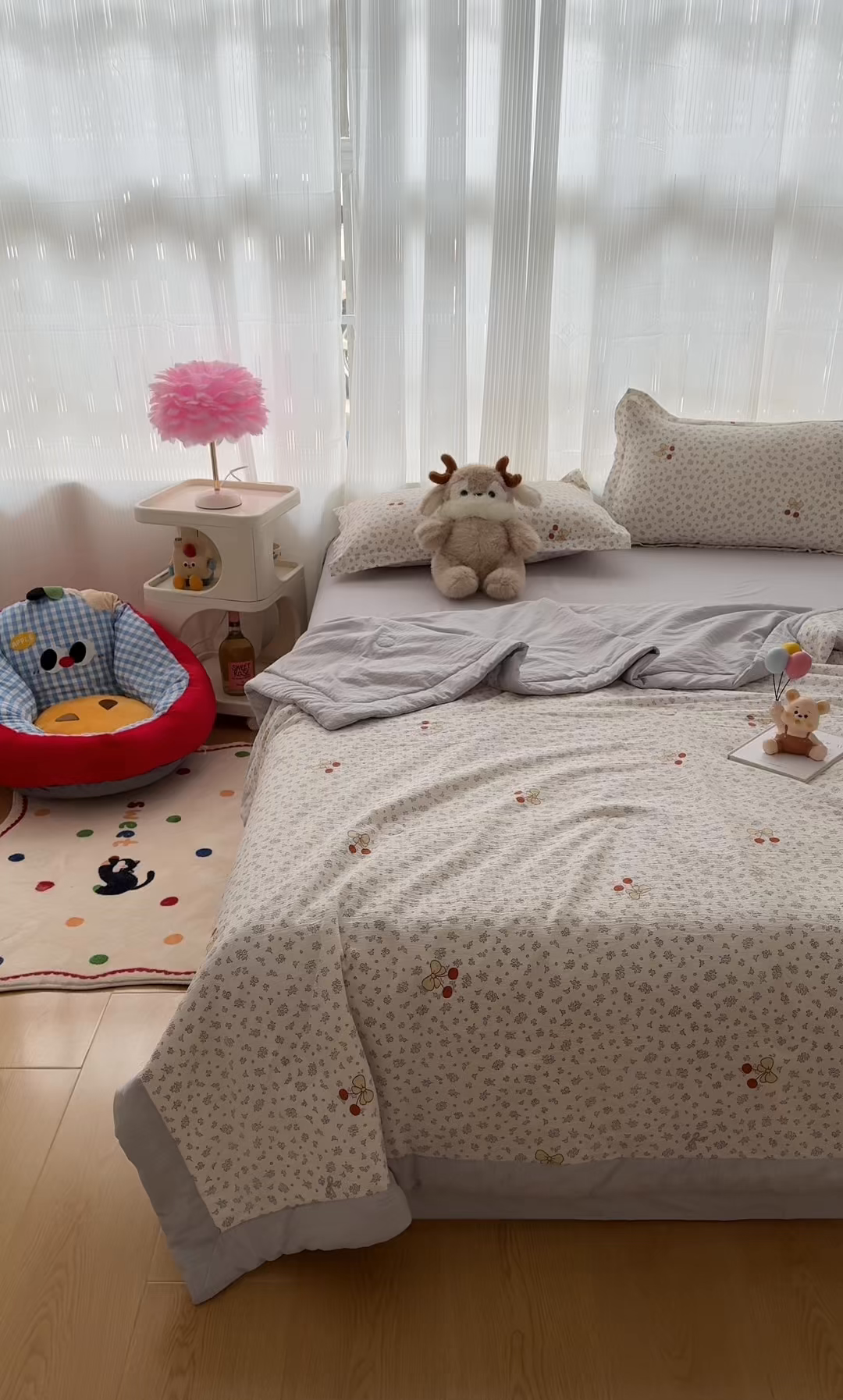 91家纺网 家纺一手货源 找家纺 默忆 2026新款A泡芙双层纱大豆夏被夏凉被空调被夏被四件套 泡芙-红樱桃