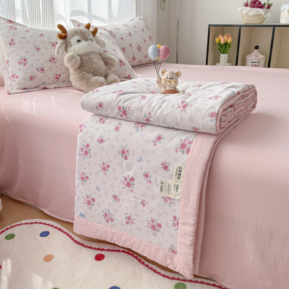 默忆 2026新款A泡芙双层纱大豆夏被夏凉被空调被夏被四件套 泡芙-花枝招展