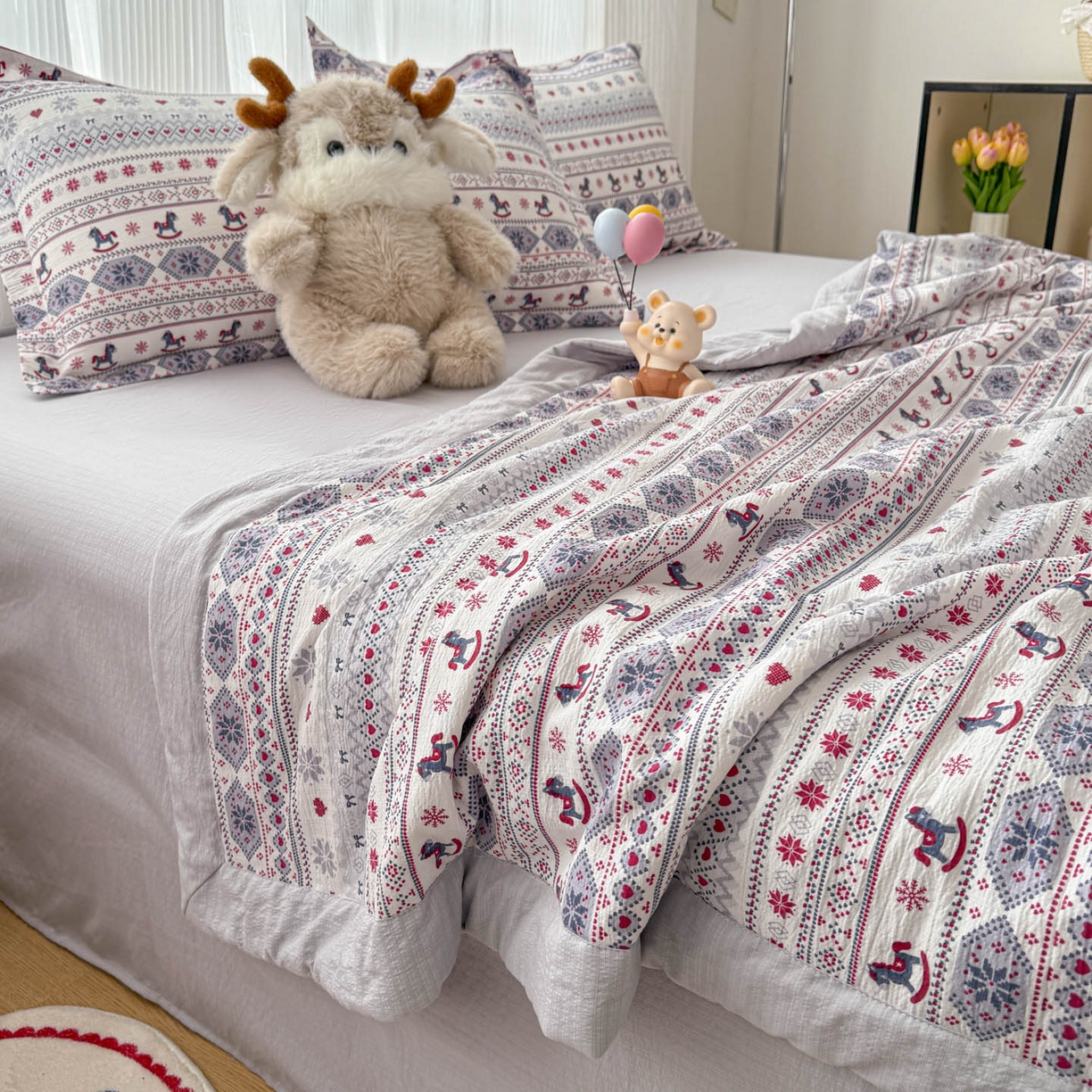 91家纺网 家纺一手货源 找家纺 默忆 2026新款A泡芙双层纱大豆夏被夏凉被空调被夏被四件套 泡芙-童趣木马