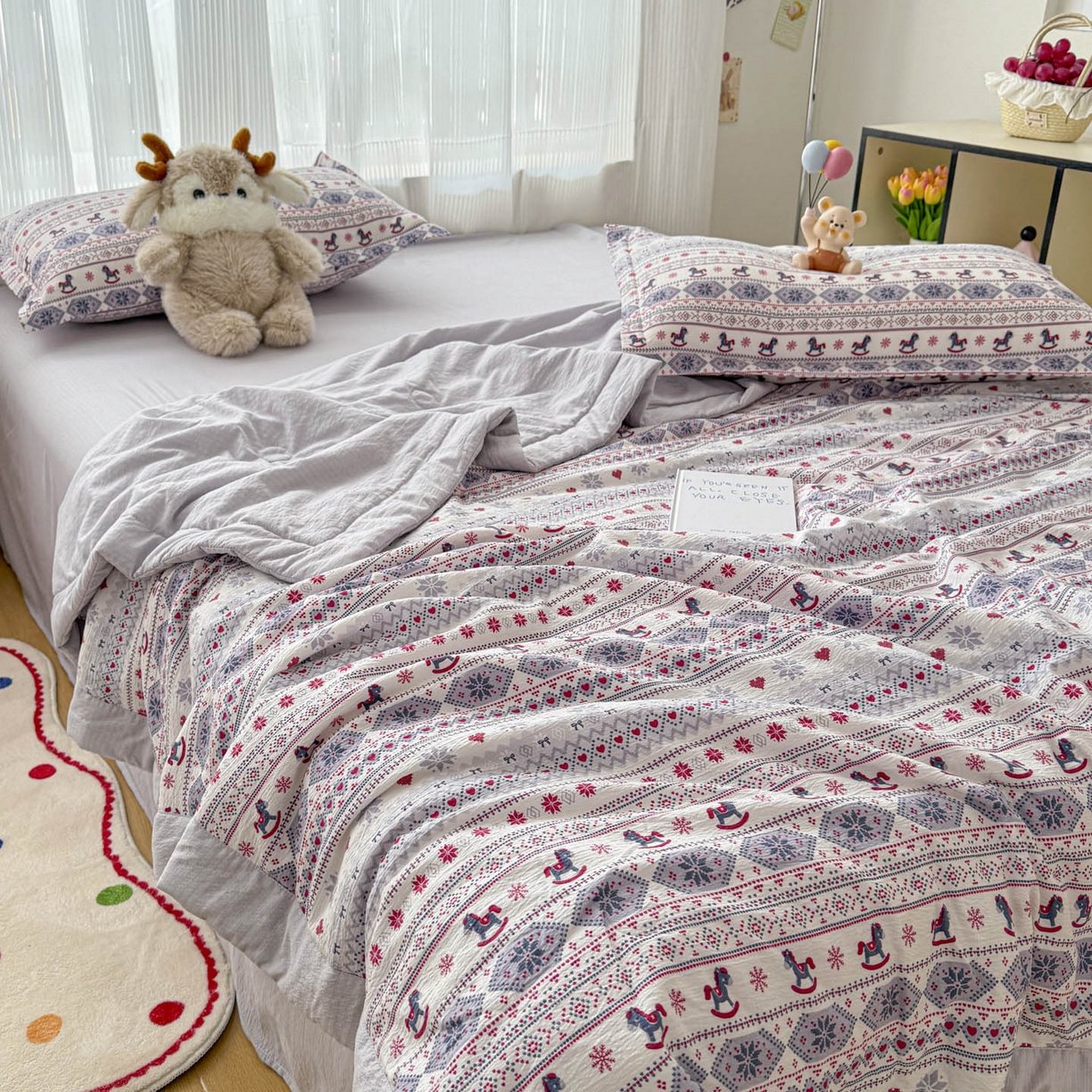 91家纺网 家纺一手货源 找家纺 默忆 2026新款A泡芙双层纱大豆夏被夏凉被空调被夏被四件套 泡芙-童趣木马