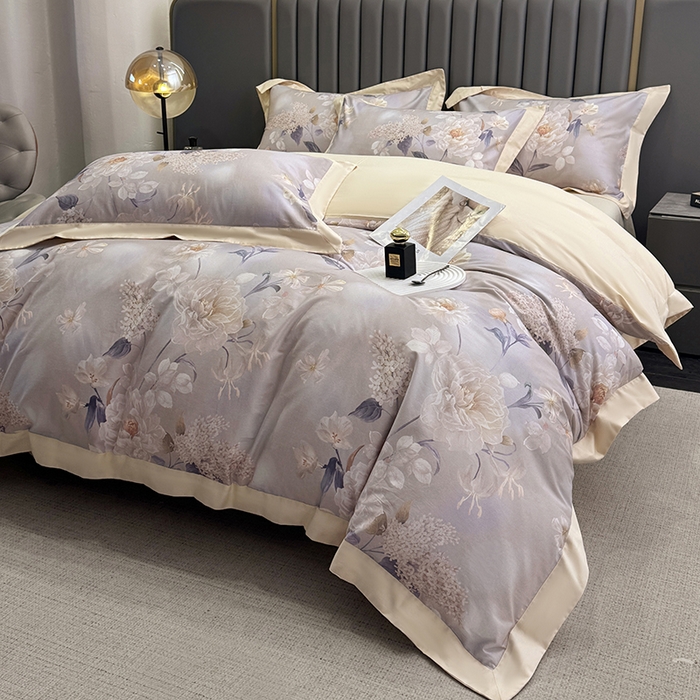 91家纺网 家纺一手货源 找家纺 乐蔻家纺 2026新款宽边数码精梳长绒棉纯棉四件套 净馨 灰