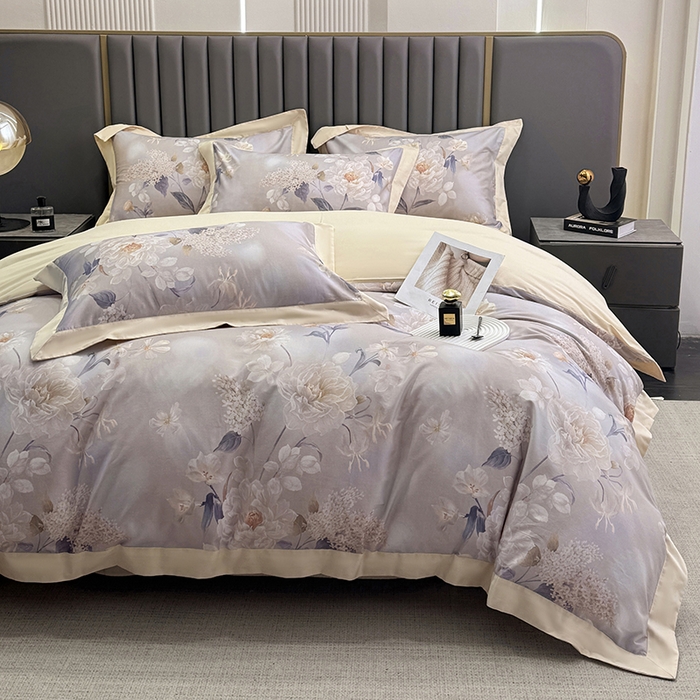 91家纺网 家纺一手货源 找家纺 乐蔻家纺 2026新款宽边数码精梳长绒棉纯棉四件套 净馨 灰