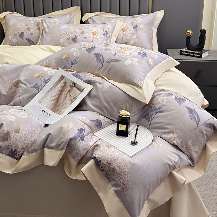 91家纺网 家纺一手货源 找家纺 乐蔻家纺 2026新款宽边数码精梳长绒棉纯棉四件套 净馨 灰