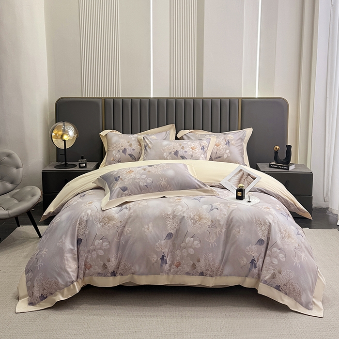 91家纺网 家纺一手货源 找家纺 乐蔻家纺 2026新款宽边数码精梳长绒棉纯棉四件套 净馨 灰