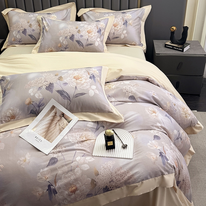 91家纺网 家纺一手货源 找家纺 乐蔻家纺 2026新款宽边数码精梳长绒棉纯棉四件套 净馨 灰