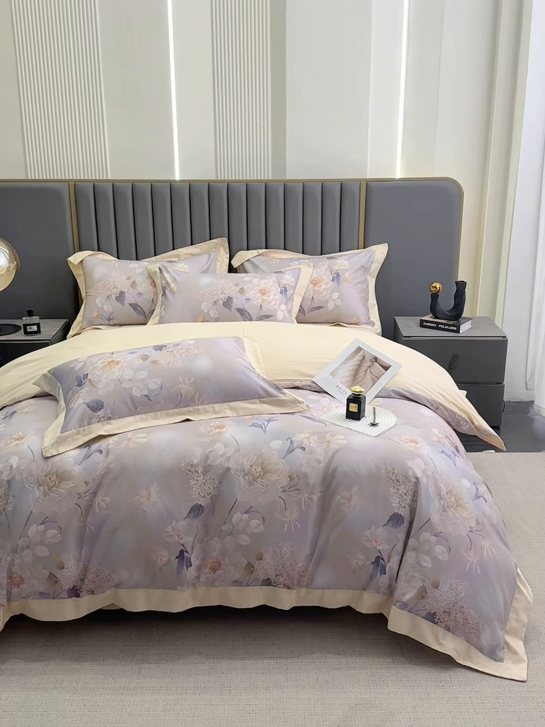 91家纺网 家纺一手货源 找家纺 乐蔻家纺 2026新款宽边数码精梳长绒棉纯棉四件套 净馨 灰