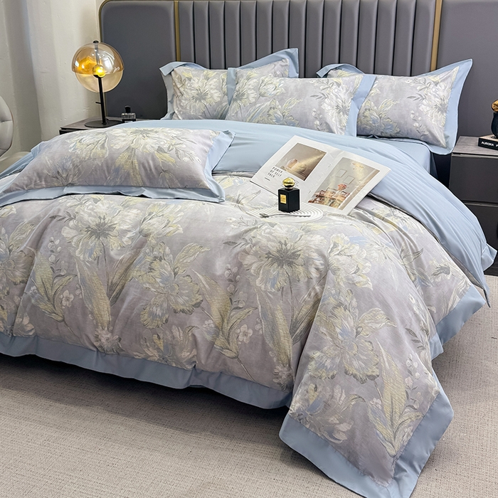 91家纺网 家纺一手货源 找家纺 乐蔻家纺 2026新款宽边数码精梳长绒棉纯棉四件套 柯利福  灰