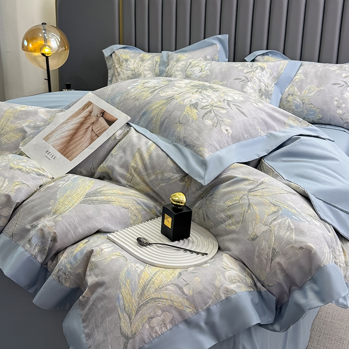 91家纺网 家纺一手货源 找家纺 乐蔻家纺 2026新款宽边数码精梳长绒棉纯棉四件套 柯利福  灰