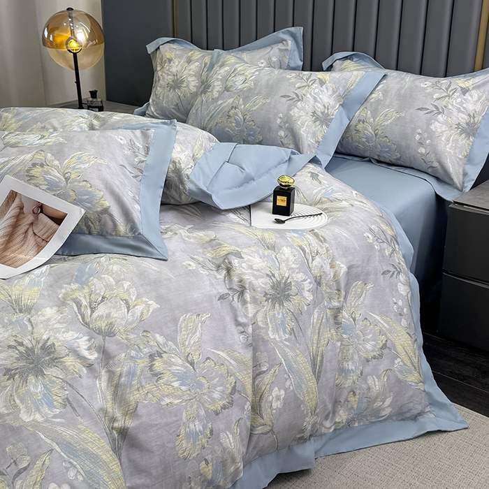 91家纺网 家纺一手货源 找家纺 乐蔻家纺 2026新款宽边数码精梳长绒棉纯棉四件套 柯利福  灰