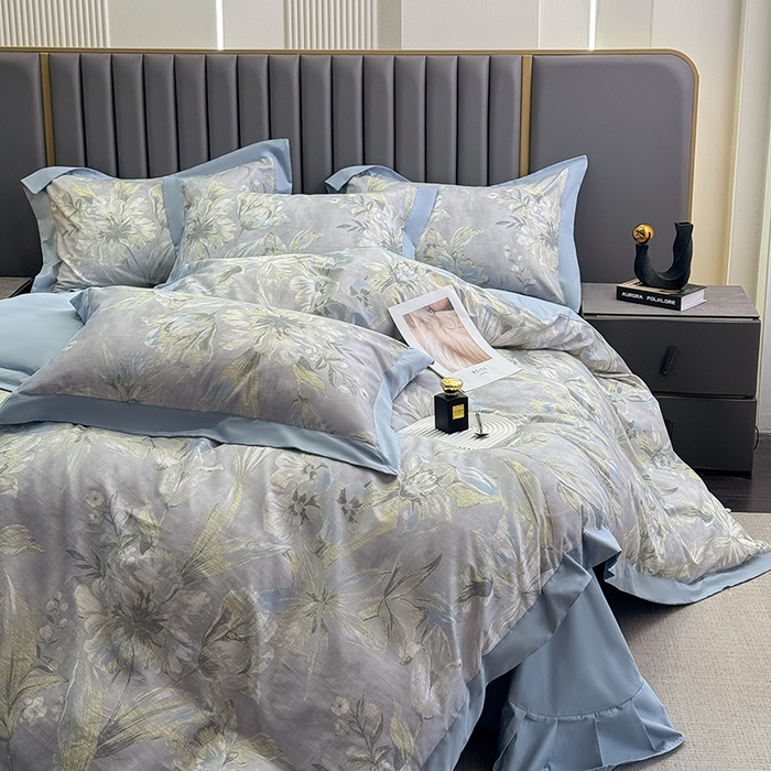 91家纺网 家纺一手货源 找家纺 乐蔻家纺 2026新款宽边数码精梳长绒棉纯棉四件套 柯利福  灰