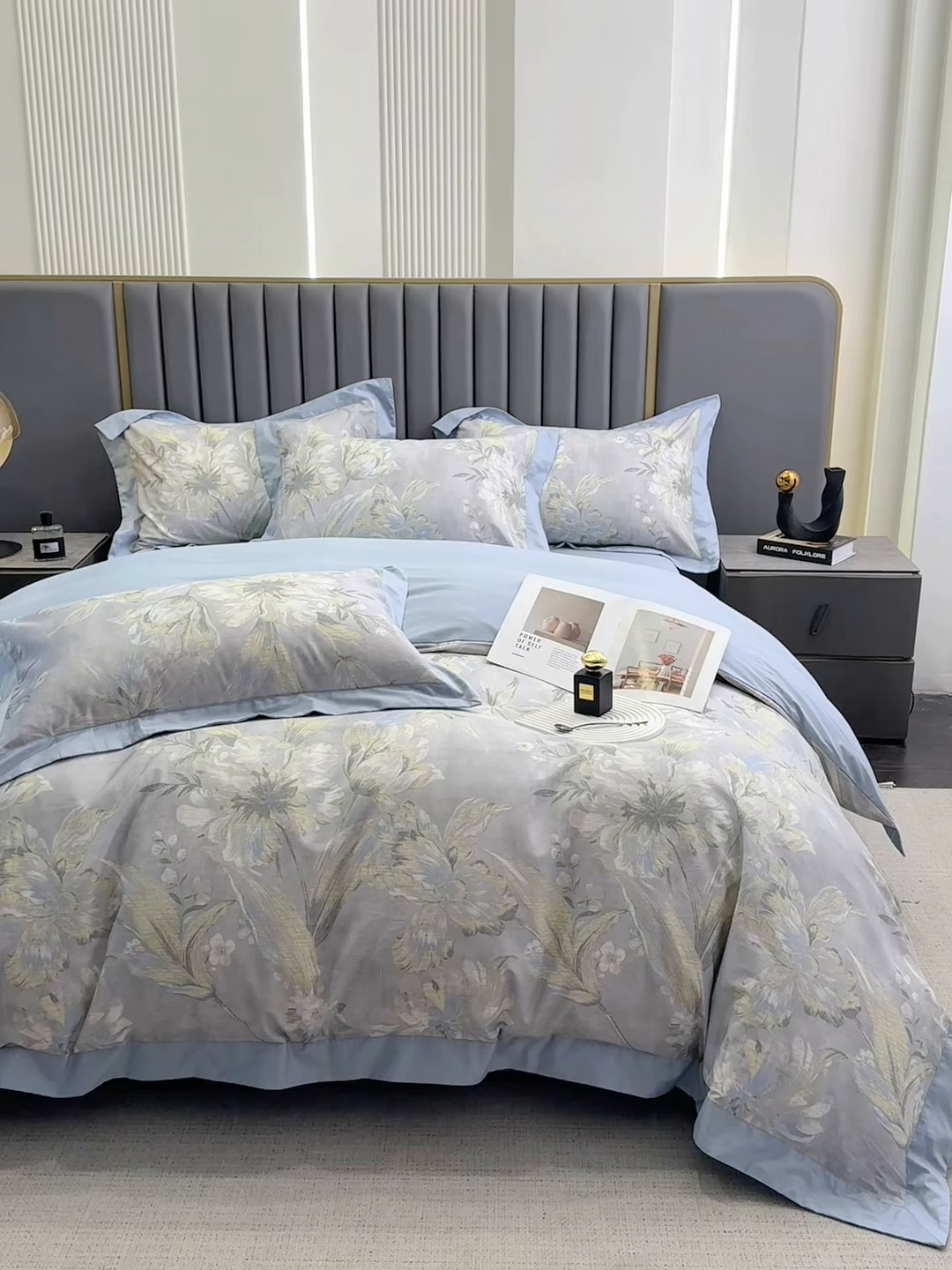 91家纺网 家纺一手货源 找家纺 乐蔻家纺 2026新款宽边数码精梳长绒棉纯棉四件套 柯利福  灰