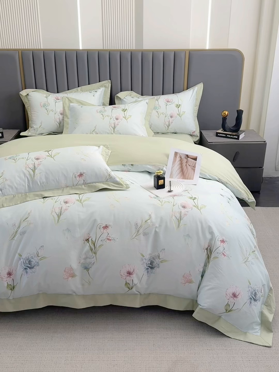 91家纺网 家纺一手货源 找家纺 乐蔻家纺 2026新款宽边数码精梳长绒棉纯棉四件套 落叶飘飘  绿