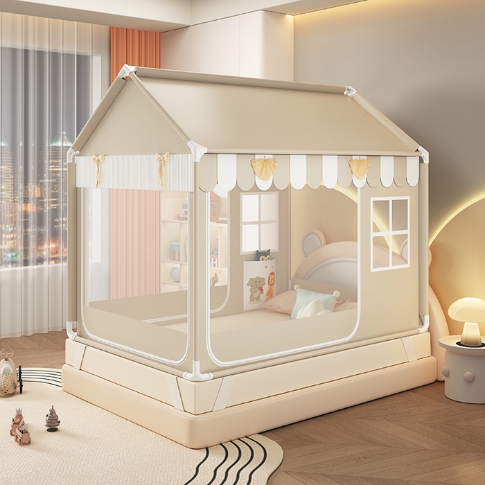 91家纺网 家纺一手货源 找家纺 富莱星蚊帐 2026新款外穿杆小房子款式蚊帐 双丝加厚加密帐纱 小房子-恐龙乐园