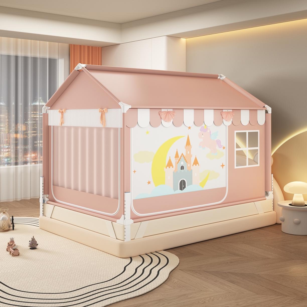 91家纺网 家纺一手货源 找家纺 富莱星蚊帐 2026新款外穿杆小房子款式蚊帐 双丝加厚加密帐纱 小房子-英伦城堡