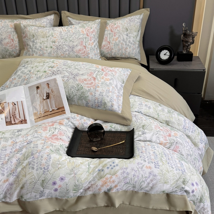 91家纺网 家纺一手货源 找家纺 乐蔻家纺 2026新款宽边数码精梳长绒棉纯棉四件套 绮花瑶  绿