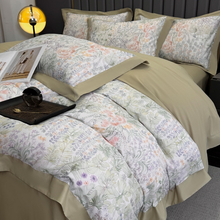 91家纺网 家纺一手货源 找家纺 乐蔻家纺 2026新款宽边数码精梳长绒棉纯棉四件套 绮花瑶  绿