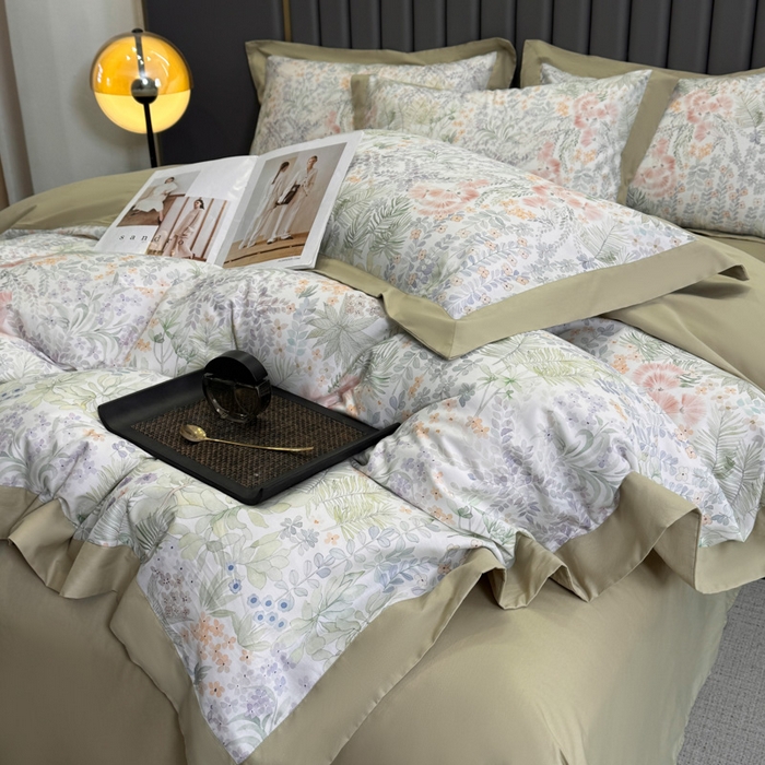 91家纺网 家纺一手货源 找家纺 乐蔻家纺 2026新款宽边数码精梳长绒棉纯棉四件套 绮花瑶  绿