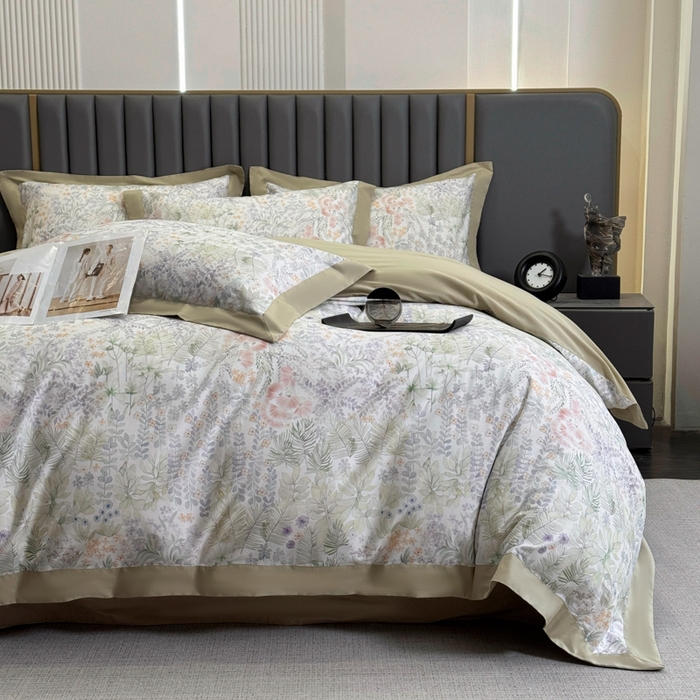 91家纺网 家纺一手货源 找家纺 乐蔻家纺 2026新款宽边数码精梳长绒棉纯棉四件套 绮花瑶  绿