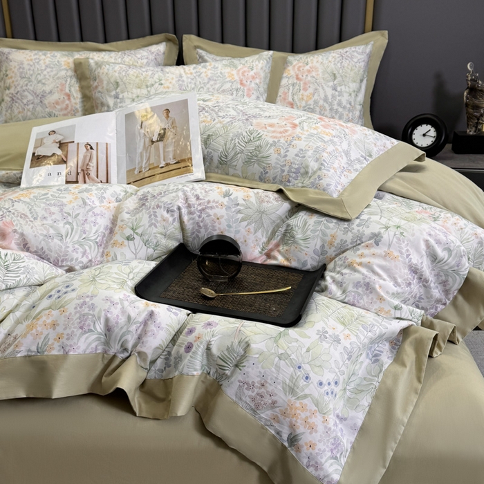 91家纺网 家纺一手货源 找家纺 乐蔻家纺 2026新款宽边数码精梳长绒棉纯棉四件套 绮花瑶  绿