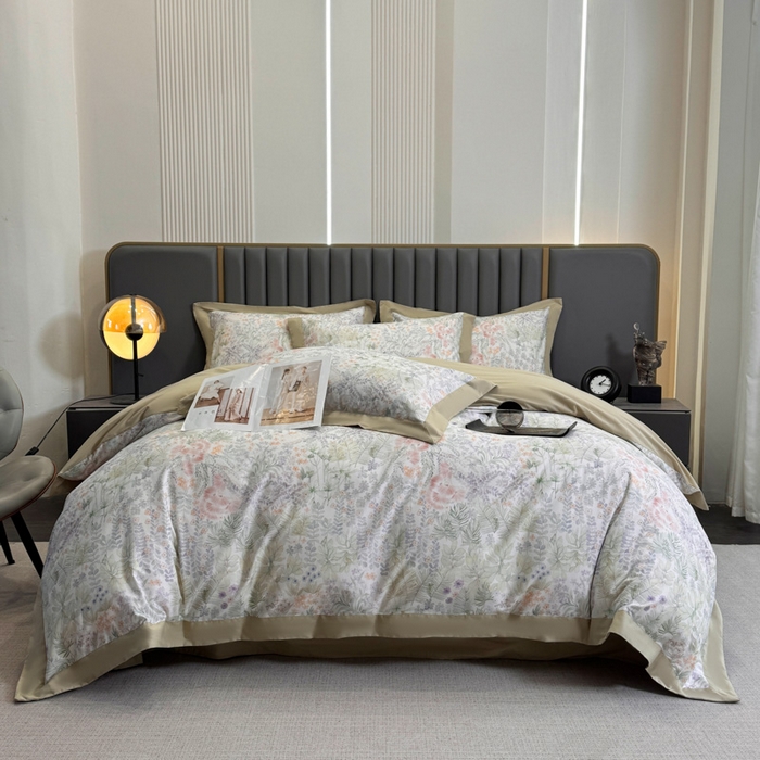 91家纺网 家纺一手货源 找家纺 乐蔻家纺 2026新款宽边数码精梳长绒棉纯棉四件套 绮花瑶  绿