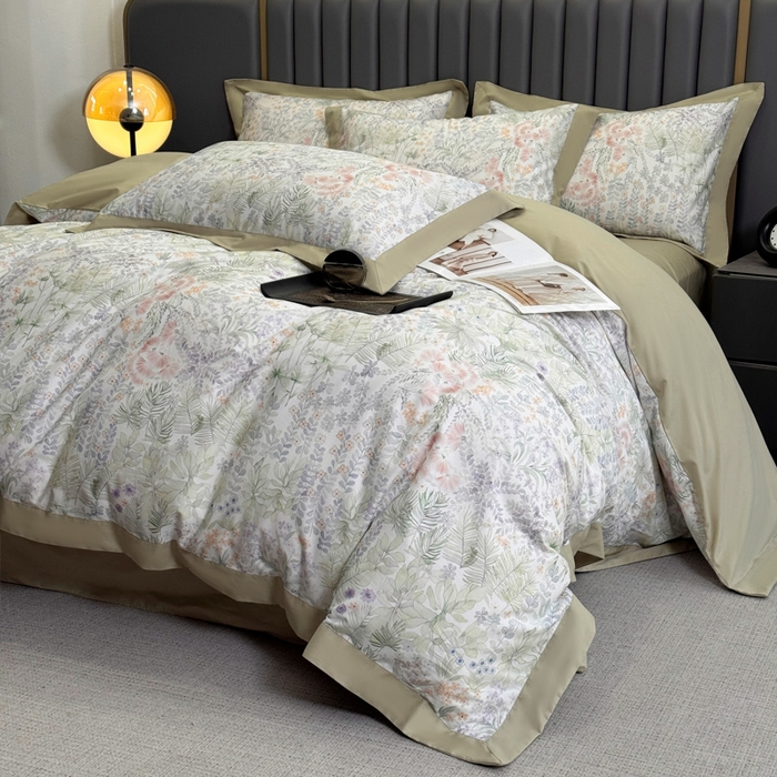 91家纺网 家纺一手货源 找家纺 乐蔻家纺 2026新款宽边数码精梳长绒棉纯棉四件套 绮花瑶  绿