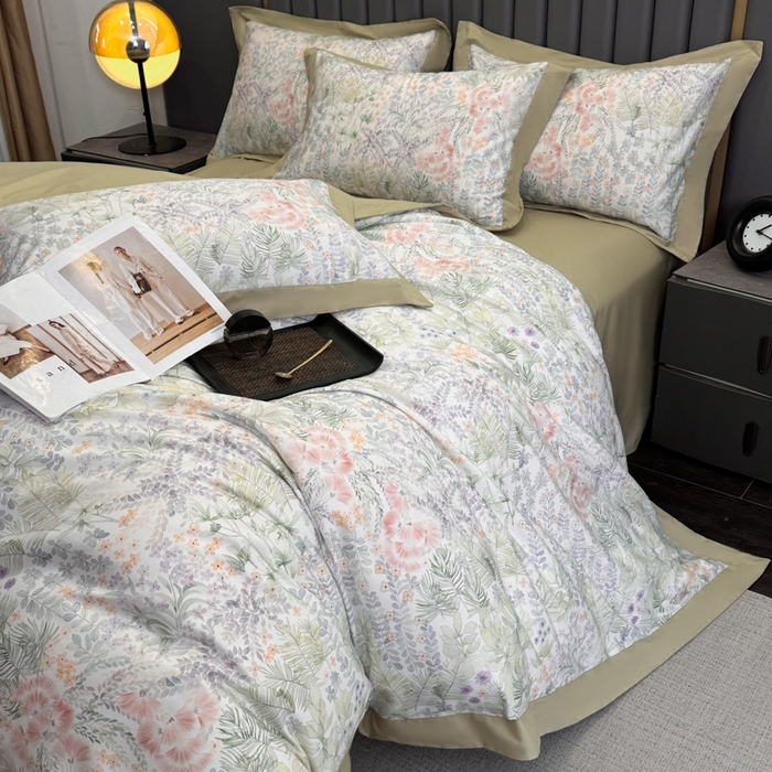 91家纺网 家纺一手货源 找家纺 乐蔻家纺 2026新款宽边数码精梳长绒棉纯棉四件套 绮花瑶  绿