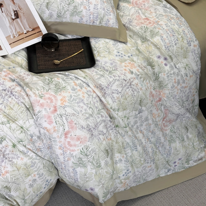 91家纺网 家纺一手货源 找家纺 乐蔻家纺 2026新款宽边数码精梳长绒棉纯棉四件套 绮花瑶  绿