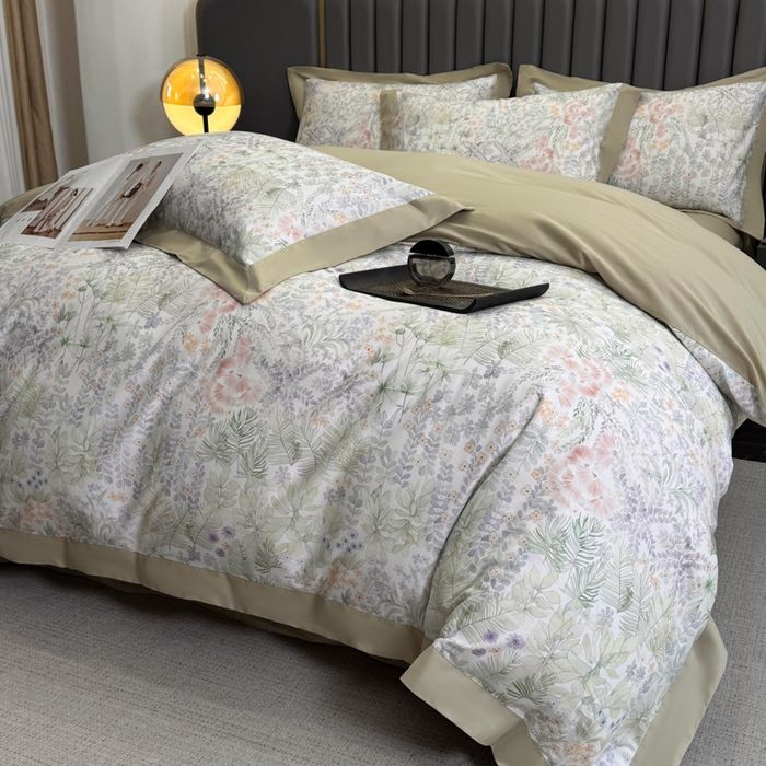 91家纺网 家纺一手货源 找家纺 乐蔻家纺 2026新款宽边数码精梳长绒棉纯棉四件套 绮花瑶  绿