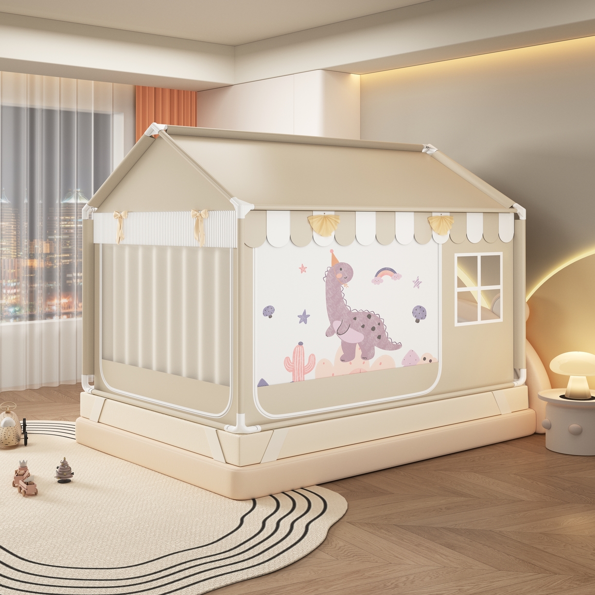 富莱星蚊帐 2026新款外穿杆小房子款式蚊帐 双丝加厚加密帐纱 小房子-恐龙乐园