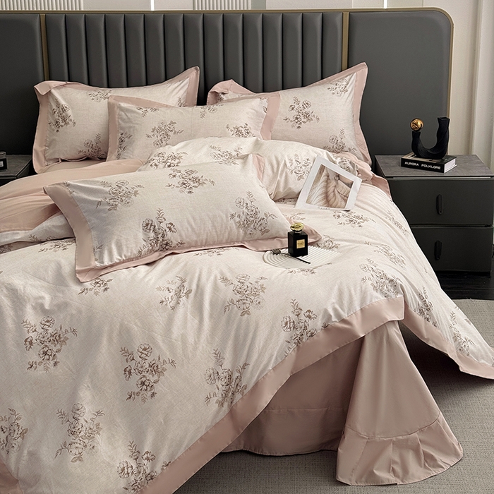 91家纺网 家纺一手货源 找家纺 乐蔻家纺 2026新款宽边数码精梳长绒棉纯棉四件套 舒言 粉