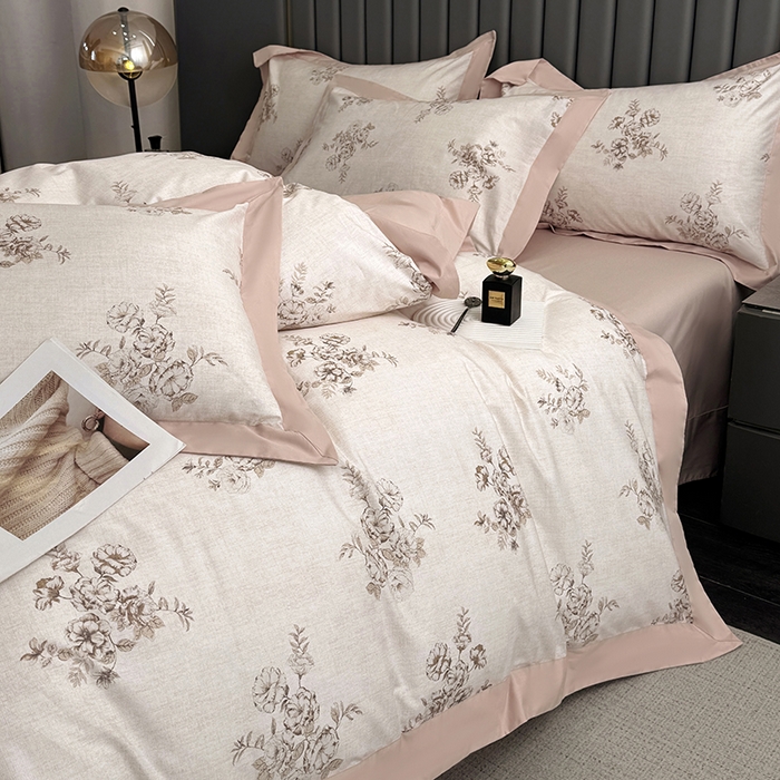 91家纺网 家纺一手货源 找家纺 乐蔻家纺 2026新款宽边数码精梳长绒棉纯棉四件套 舒言 粉