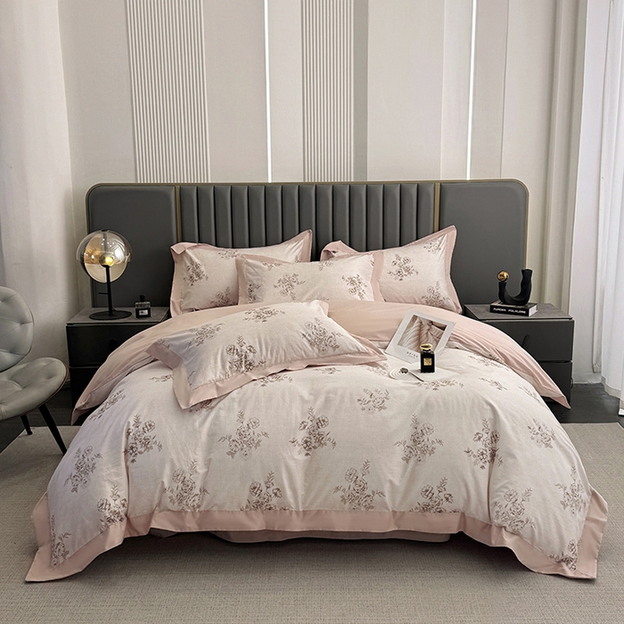 91家纺网 家纺一手货源 找家纺 乐蔻家纺 2026新款宽边数码精梳长绒棉纯棉四件套 舒言 粉