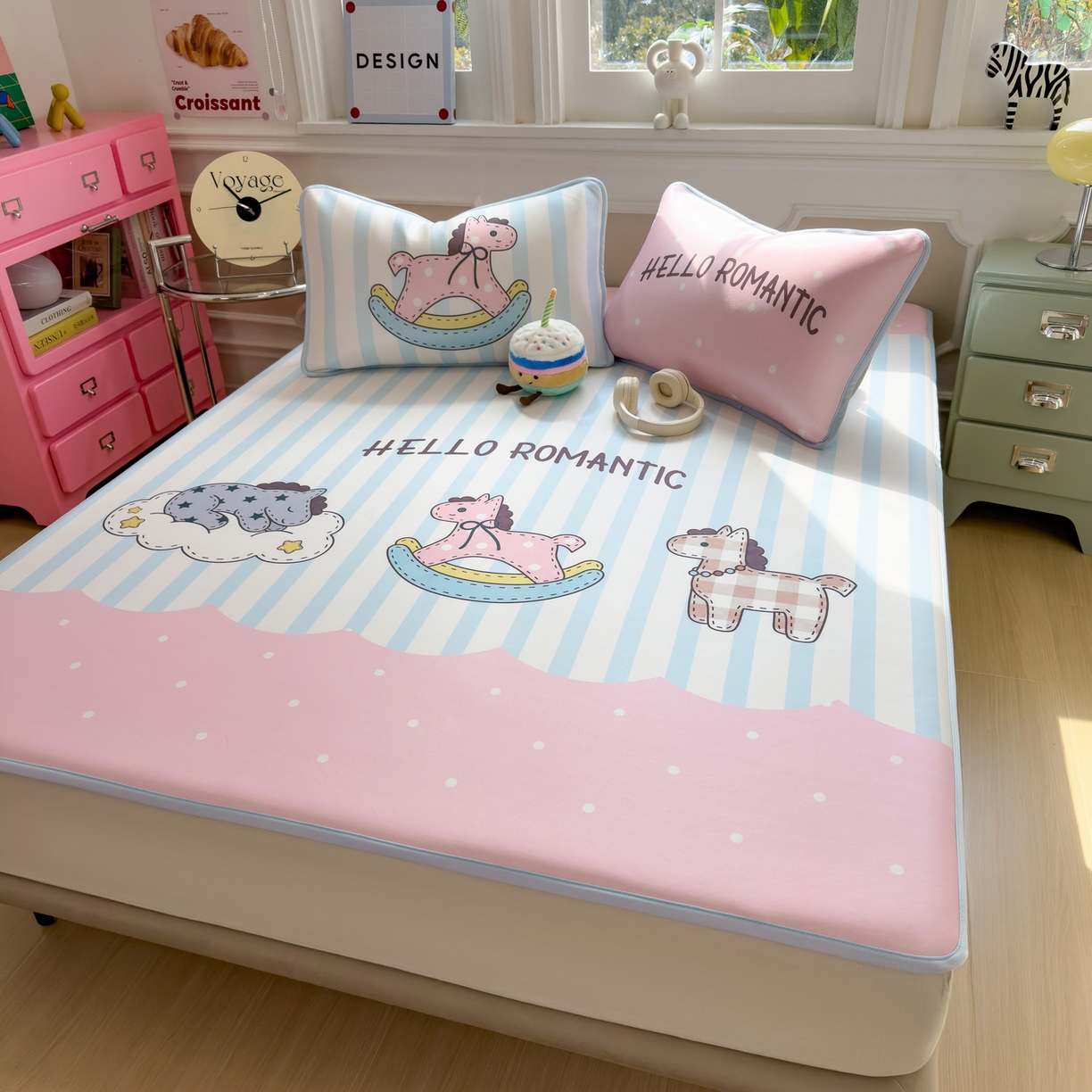 丝羽坊 2026新款ins设计师原创大版小清新卡通冰皮复合软凉席 浪漫木马-平铺款