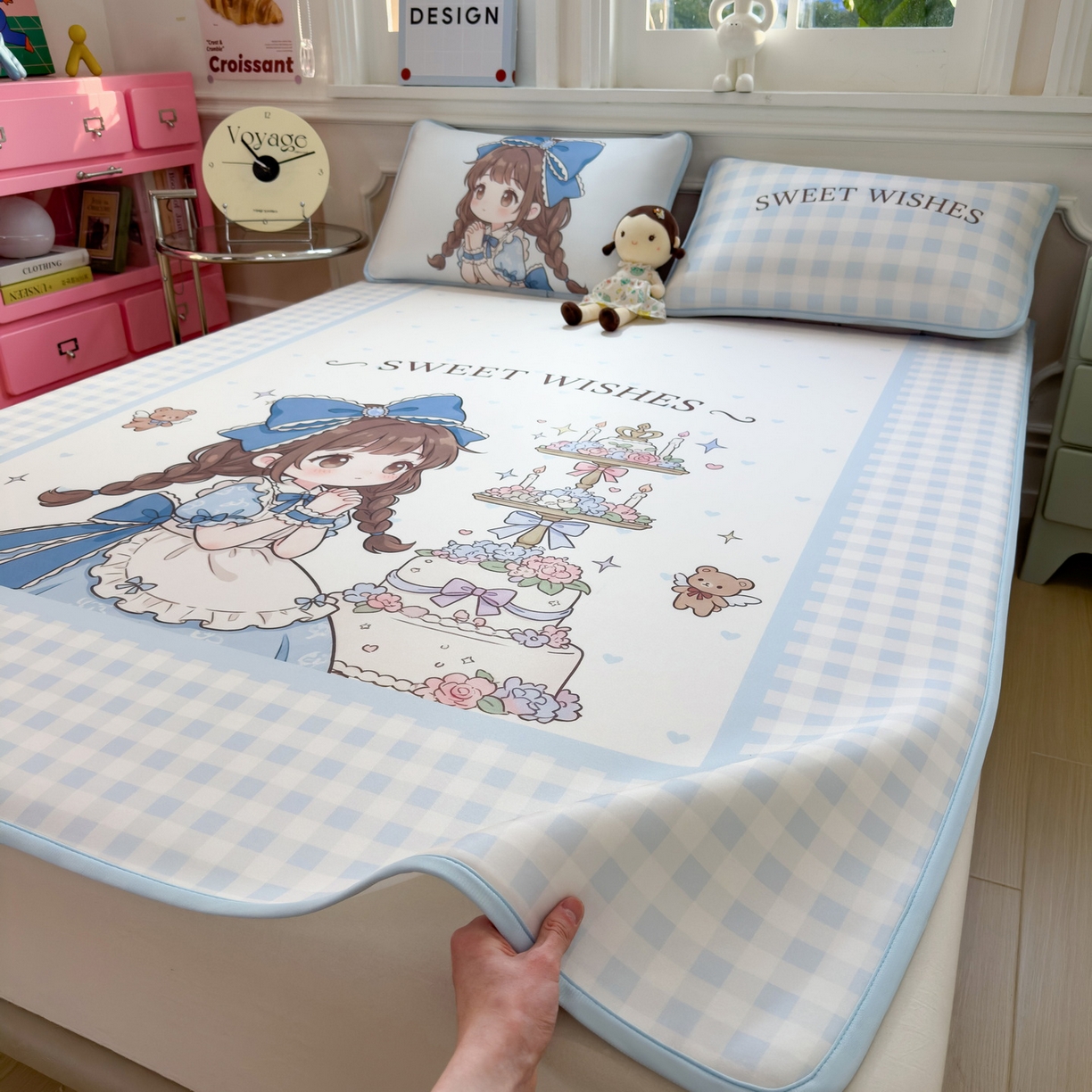 91家纺网 家纺一手货源 找家纺 丝羽坊 2026新款ins设计师原创大版小清新卡通冰皮复合软凉席  甜梦公主-平铺款