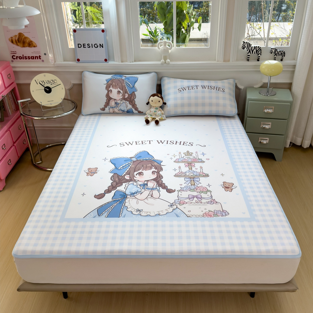 91家纺网 家纺一手货源 找家纺 丝羽坊 2026新款ins设计师原创大版小清新卡通冰皮复合软凉席  甜梦公主-平铺款