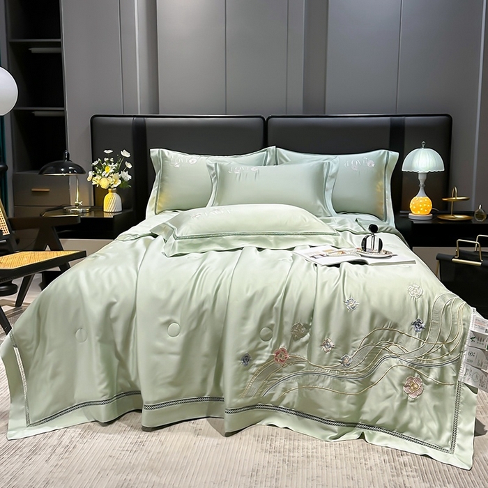 欧夏家纺 2026新款兰精天丝刺绣镂空夏被空调被夏凉被薄被子-泊莱丽 牛油果