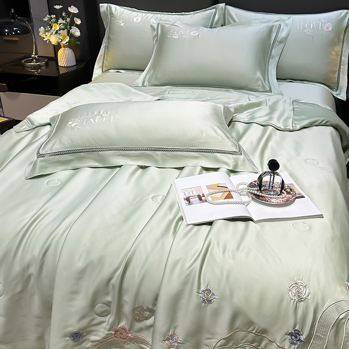 91家纺网 家纺一手货源 找家纺 欧夏家纺 2026新款兰精天丝刺绣镂空夏被空调被夏凉被薄被子-泊莱丽 牛油果