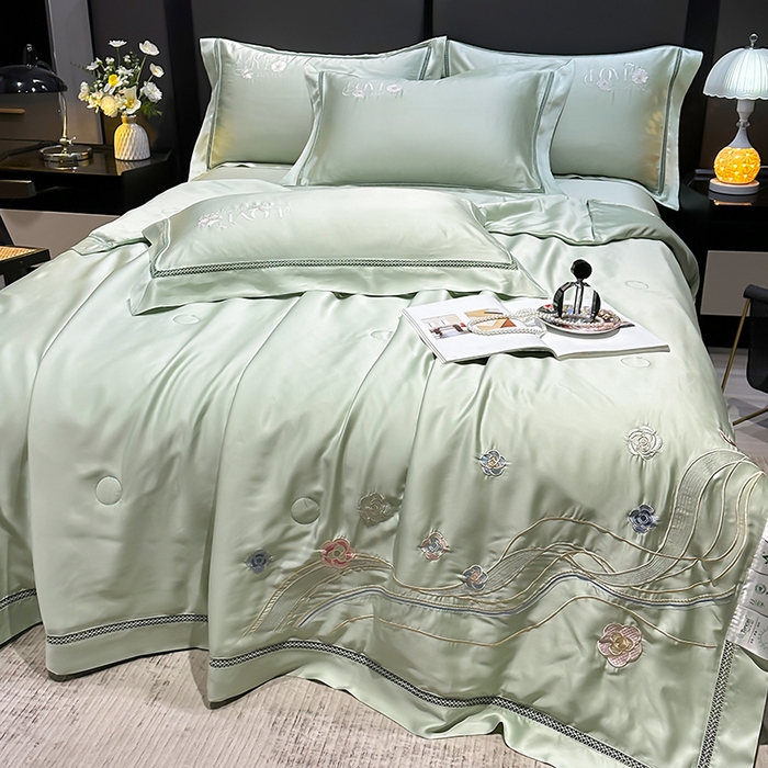 91家纺网 家纺一手货源 找家纺 欧夏家纺 2026新款兰精天丝刺绣镂空夏被空调被夏凉被薄被子-泊莱丽 牛油果