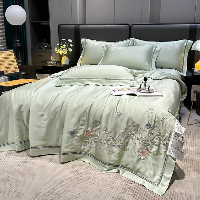 91家纺网 家纺一手货源 找家纺 欧夏家纺 2026新款兰精天丝刺绣镂空夏被空调被夏凉被薄被子-泊莱丽 牛油果