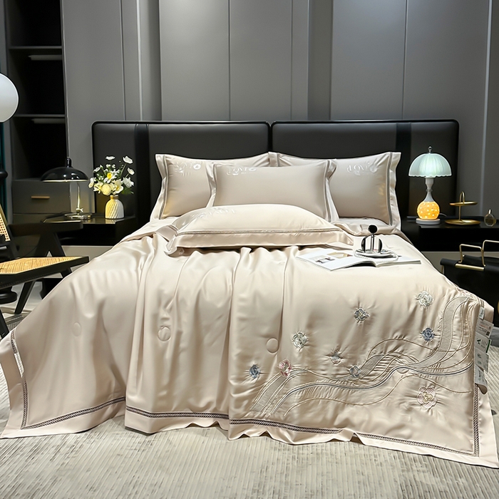 欧夏家纺 2026新款兰精天丝刺绣镂空夏被空调被夏凉被薄被子-泊莱丽 香槟色