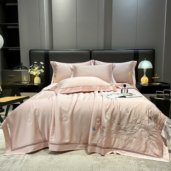 欧夏家纺 2026新款兰精天丝刺绣镂空夏被空调被夏凉被薄被子-泊莱丽 玉色