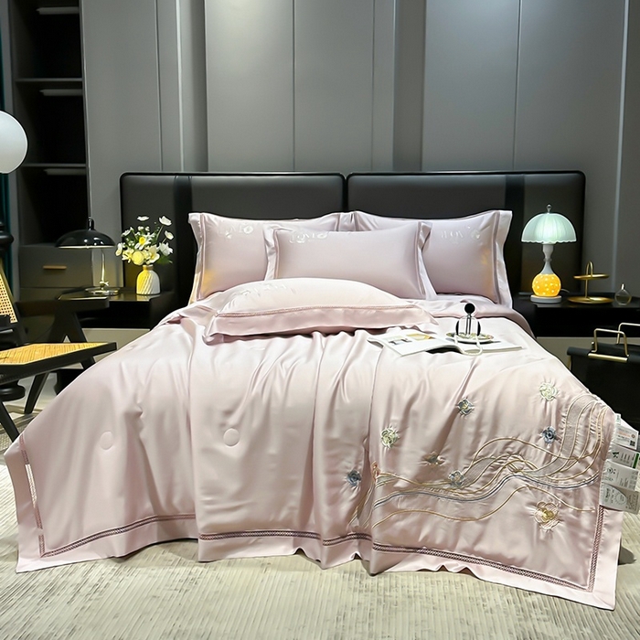 欧夏家纺 2026新款兰精天丝刺绣镂空夏被空调被夏凉被薄被子-泊莱丽 紫粉色