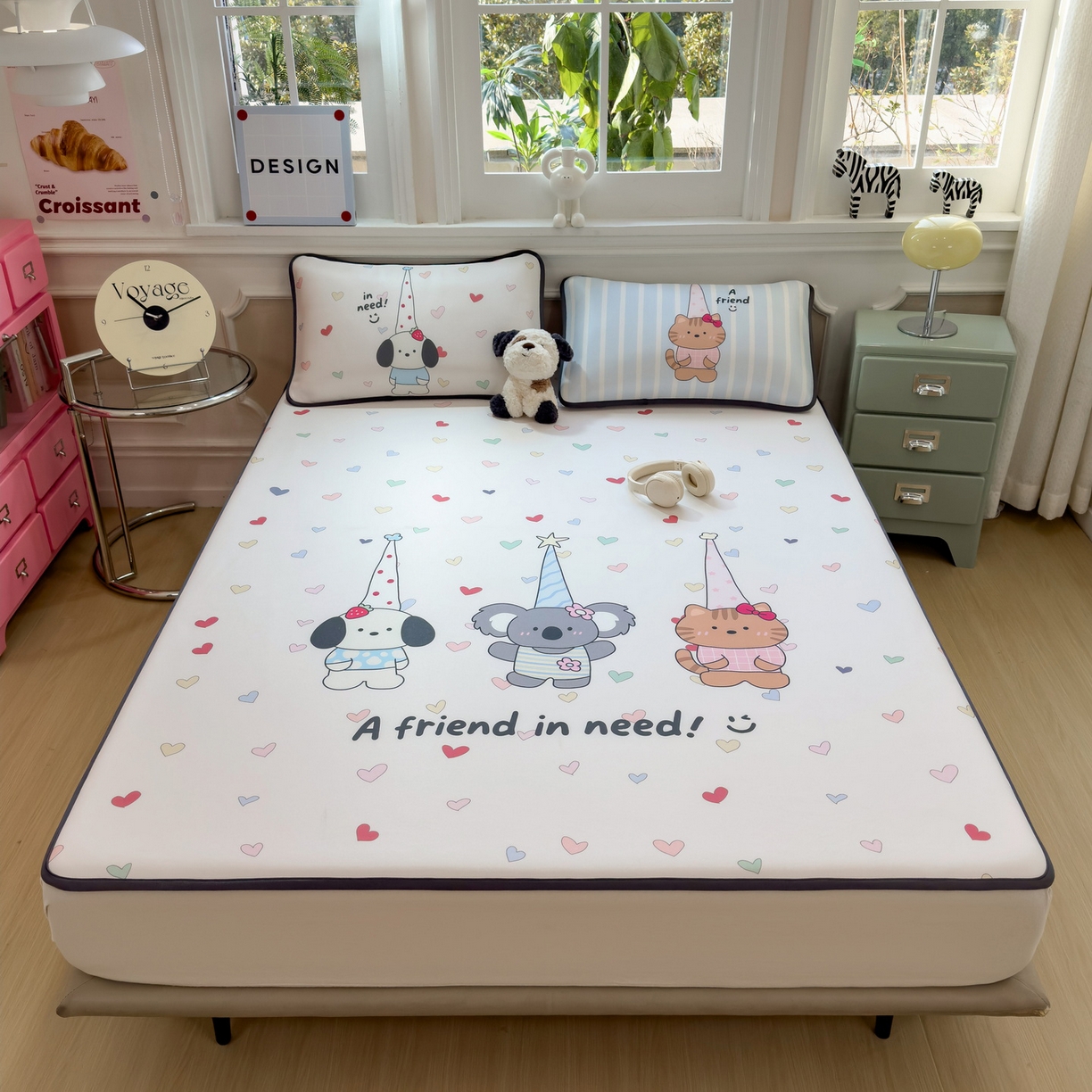 91家纺网 家纺一手货源 找家纺 丝羽坊 2026新款ins设计师原创大版小清新卡通冰皮复合软凉席  萌友相伴-平铺款