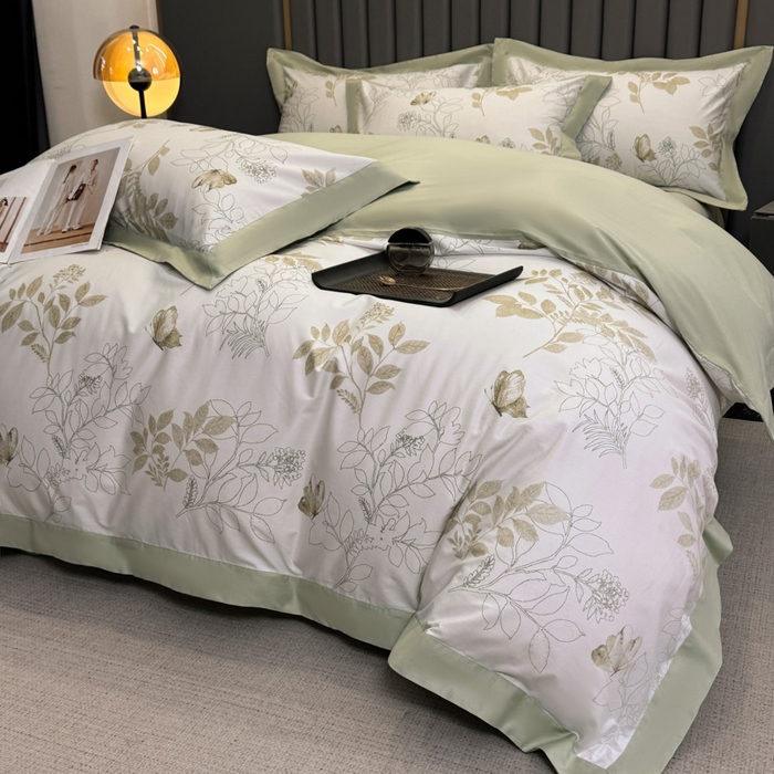 91家纺网 家纺一手货源 找家纺 乐蔻家纺 2026新款宽边数码精梳长绒棉纯棉四件套 晚叶初晓 绿